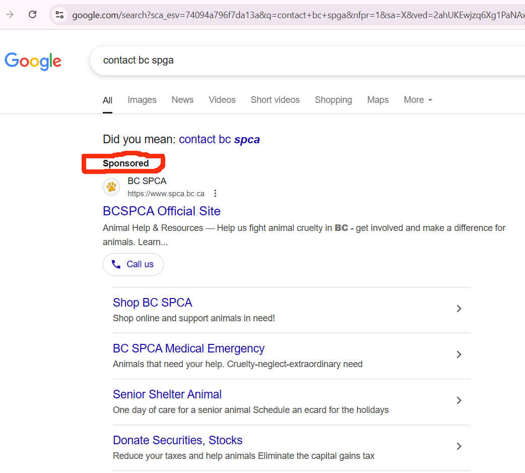 BC SPCA sabotaging the public's attempt to contact bc spga on Google