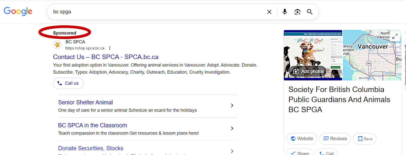BC SPCA paid Google sponsored ad for BC SPGA search term