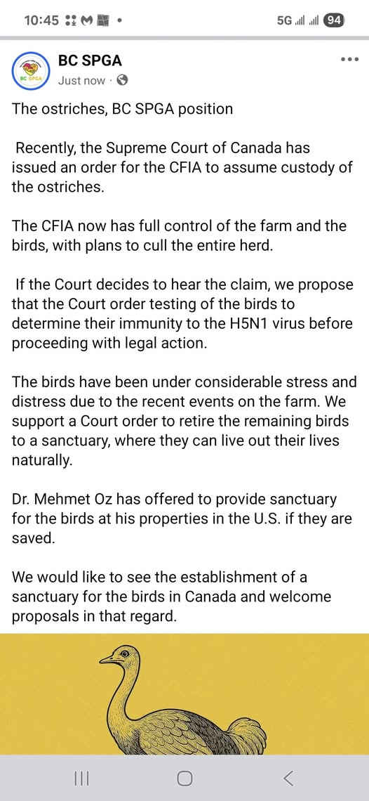 Position statement in support of ostriches lives by BC SPGA